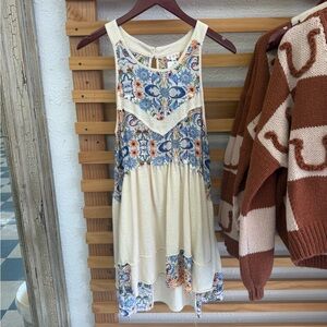 POL Cream Mini Dress with Blue and Orange Floral Embroidery